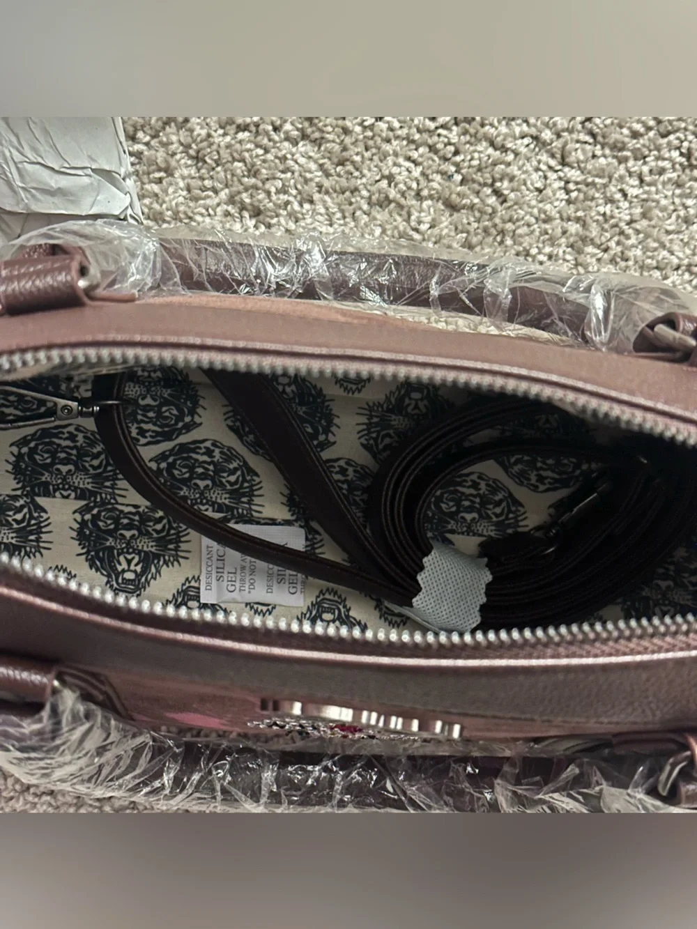 y2k Ed Hardy x Beyoncé brown satchel with pink floral and rhinestone accents